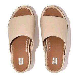 FitFlop Eloise Slides Sandals Women Stone Beige Leather Cork Wrap Wedge 9US EUC